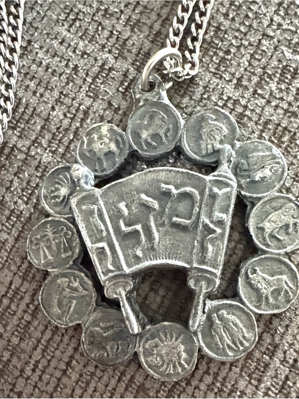 3 Vintage Silver Tone Judaica Pendant Necklaces - Torah, Zodiac, Chai